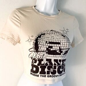 Planet Disco Cropped Tee XS Cream Brown Cotton Elastane Blend NWOT